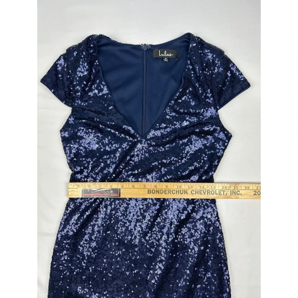 Lulus Navy‎ Blue Sequin V-Neck Cap Sleeve Mini Cocktail Dress Womens Small